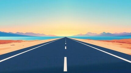 Front view of a road stretching endlessly, flat design, colorful animation perfect for travel and exploration themes