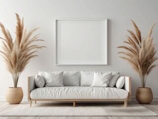 White Sofa with Pampas Grass and Blank Picture Frame in Minimalist Living Room