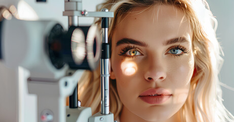 A blonde female patient is being examined by a doctor doing her vision test using an Ophthalmoscope