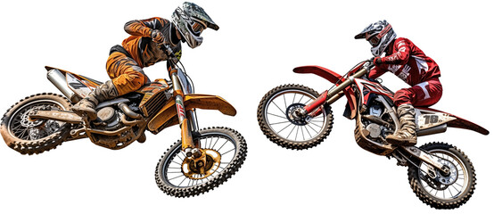 Set Of jumping mountain motocross race dirt bikes PNG isolated on white and transparent background - Dirt Mountain racing competition Motocross adventure action shot