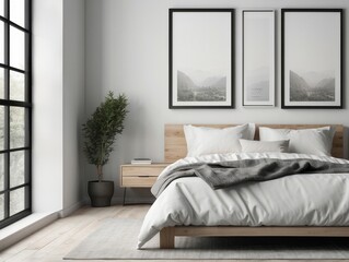Minimalist Bedroom Interior with a Bed, Plant, and Framed Landscape Photos