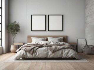 Minimalist Bedroom Interior with a Wooden Bed and Two Blank Frames