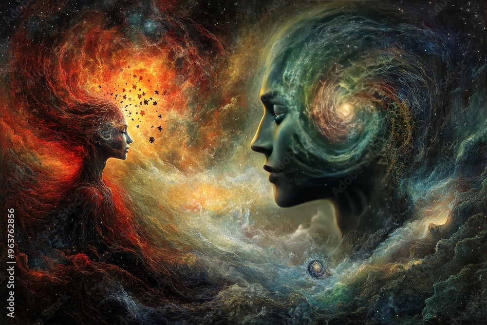 Poster mind brain puzzle surreal cosmic journey showcasing two human profiles blending into an abstract uni