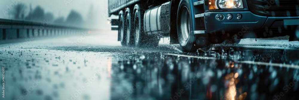 Poster close-up of a truck navigating a wet road in rainy or foggy conditions, creating water splashes from