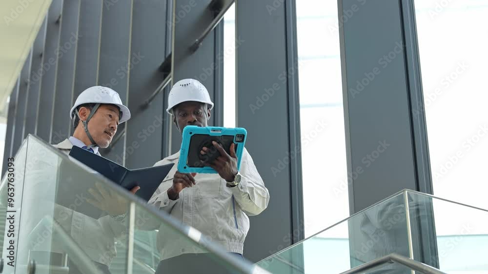 Poster group of multinational engineers inspecting a building