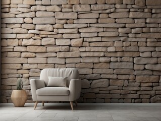 A White Armchair in Front of a Stone Wall