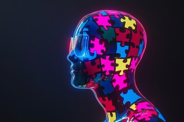 Obraz premium Artificial Intelligence Brain Puzzle Futuristic neon portrait of a human figure covered in colorful puzzle pieces representing the fusion of human intelligence and digital interfaces