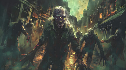Fototapeta premium Hordes of undead roam in a post-apocalyptic world, spreading fear and chaos among the survivors.