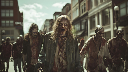 "Chaotic streets filled with hordes of undead zombies during a terrifying zombie apocalypse outbreak."