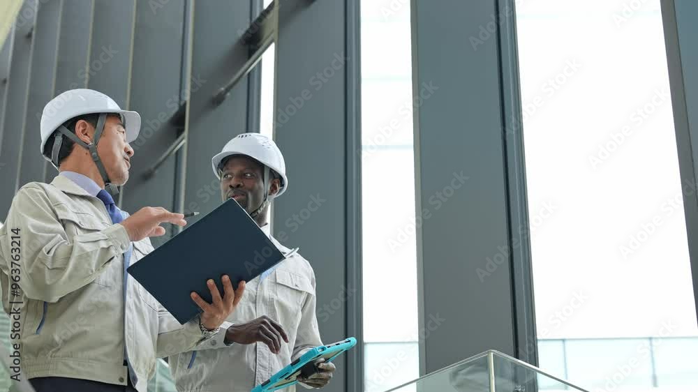 Poster group of multinational engineers inspecting a building
