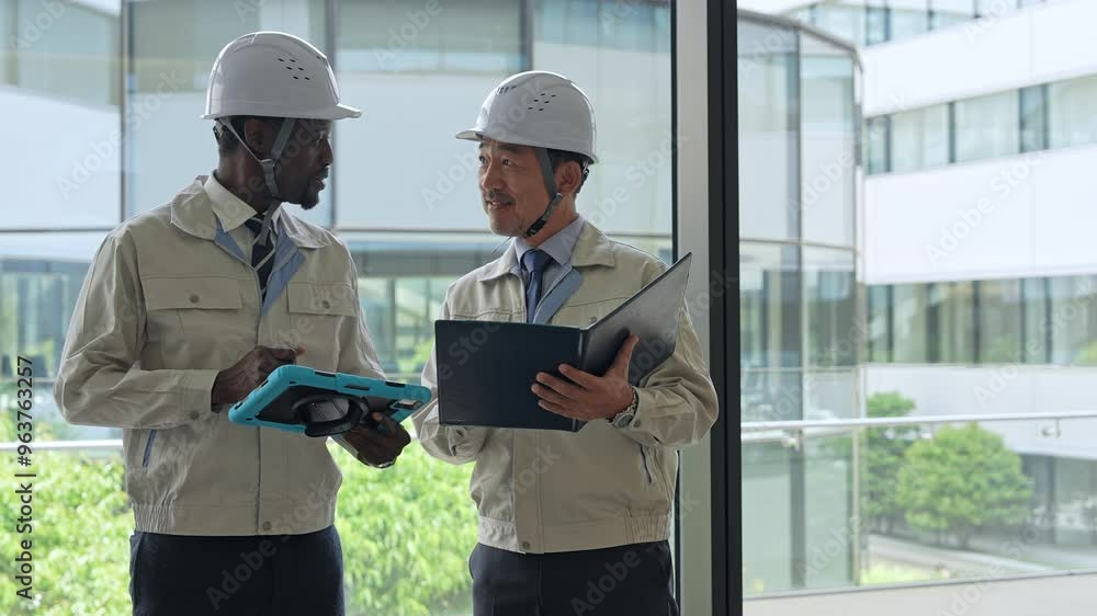 Poster group of multinational engineers inspecting a building