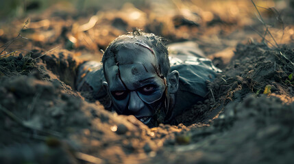 Undead creature rising from the earth, skeletal hands clawing out of shallow burial ground.