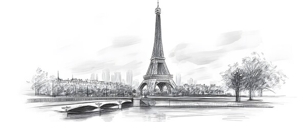 Eiffel Tower Sketch with River and Bridge
