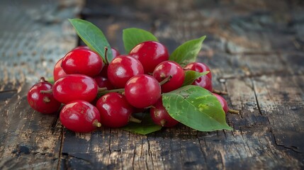 A beautifully arranged scene of n&iacute;spero fruits with some halved to showcase the juicy white flesh on a rustic wooden surface with green leaves for contrast and freshness
