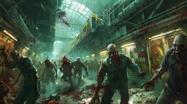 Survivors barricade door against undead horde in intense zombie outbreak, fighting for survival together.