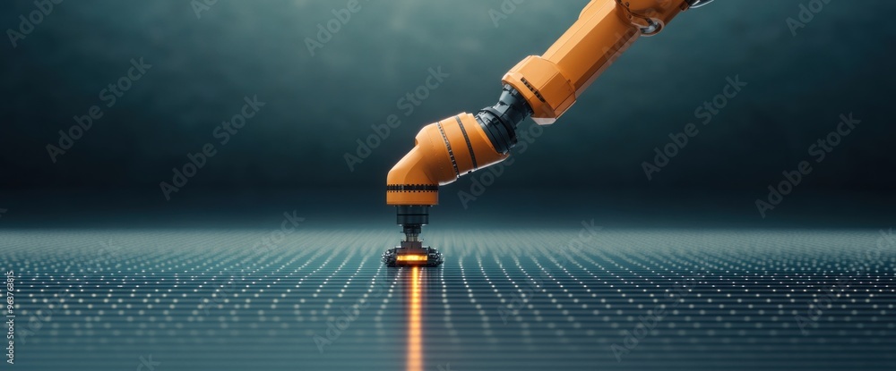 Poster a robot arm is reaching down to touch a glowing object