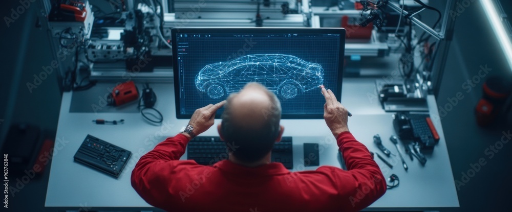 Poster a man is sitting at a desk with a computer monitor in front of him