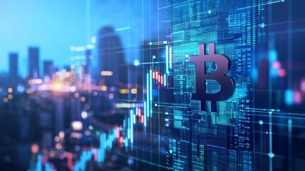 Fototapeta premium Digital cryptocurrency market Bitcoin blockchain token coin symbol graph rising trend concept, online network digital money currency technology computer code encryption, nice banner blue city backgrou