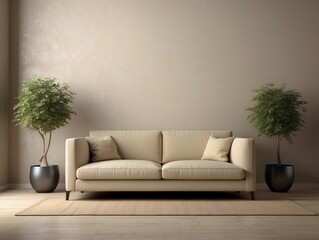 Beige Sofa in Minimalist Living Room with Two Potted Plants