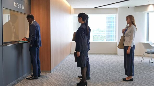 A group of multinational business people processing documents at a reception desk