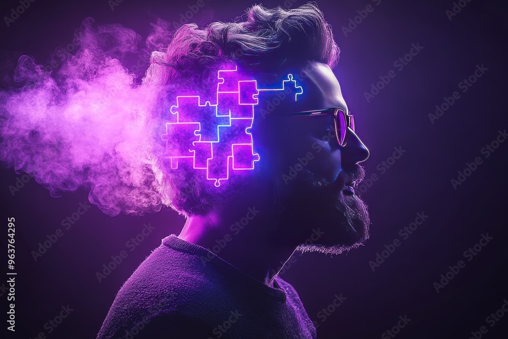 Poster axon brain thinking portrait of a man with neon glowing puzzle pieces emerging from his head represe