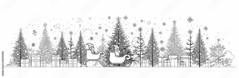 Poster simple line drawing of christmas trees, presents, and santa claus on sleds in minimalist style with 