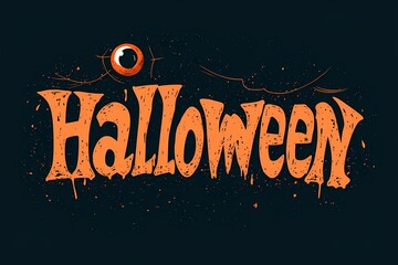 Happy Halloween orange lettering text on black background with scary monster eye and spider web. Creepy retro poster, banner or greeting card 