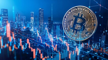 Digital cryptocurrency market Bitcoin blockchain token coin symbol graph rising trend concept, online network digital money currency technology computer code encryption, nice banner blue city backgrou
