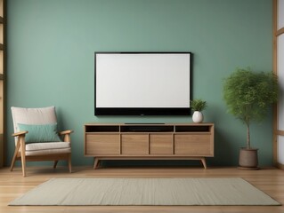 Modern Living Room with Flat-Screen TV, Wooden Cabinet, and Green Accents