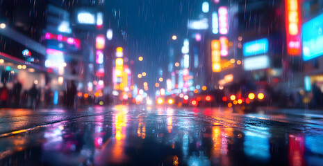 Obraz premium A city street with neon signs and rain