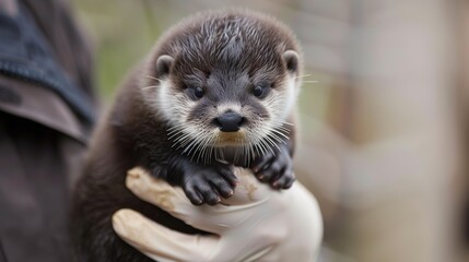 Obraz premium Adorable Baby Otter: A Cute and Playful Baby Otter in a Heartwarming Pose. This charming image features a young otter with soft fur and a sweet expression, capturing its playful and endearing nature. 