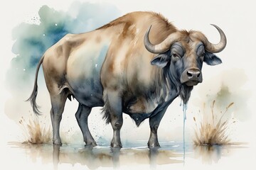 Watercolor Buffalo: A full-body watercolor painting of a buffalo