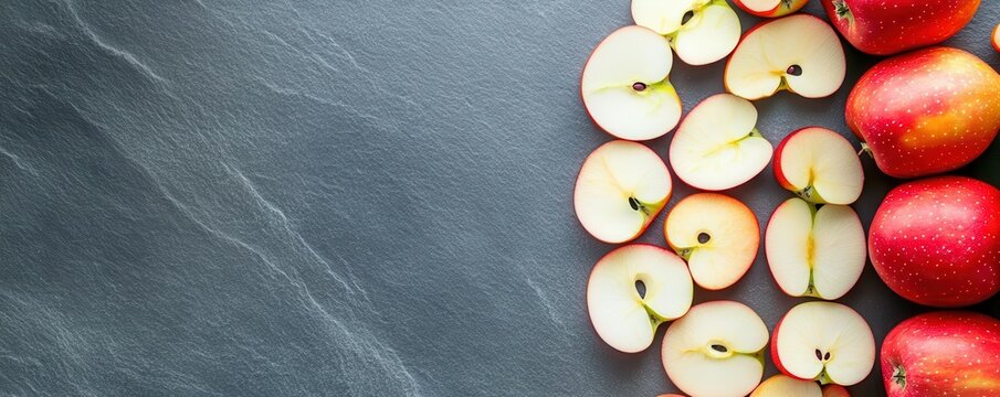 Sliced apples arranged in a circular pattern, creating a fresh and symmetrical design, focus on symmetry, futuristic, overlay, slate background
