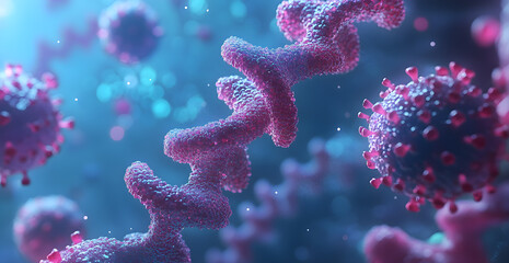 Obraz premium A close up of a pink and blue virus with a purple strand of DNA