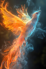 A bird with orange wings flying through a cloud of smoke