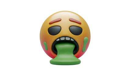 A 3D rendering of a nauseated emoji face, with eyes closed and green vomit liquid pouring out of its open mouth, representing sickness or disgust