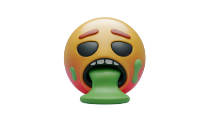 A 3D rendering of a nauseated emoji face, with eyes closed and green vomit liquid pouring out of its open mouth, representing sickness or disgust