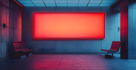 A red and blue sign hangs on a wall in a dimly lit room