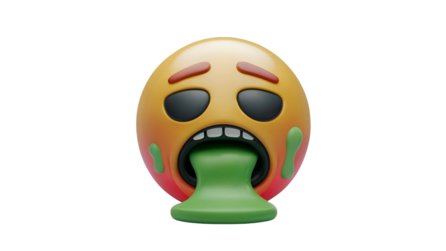 A 3D rendering of a nauseated emoji face, with eyes closed and green vomit liquid pouring out of its open mouth, representing sickness or disgust