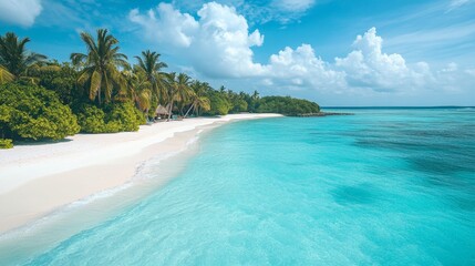 Fototapeta premium Tropical sea beach scene with clear turquoise water, white sandy shore and palm trees under a bright blue sky on a sunny day