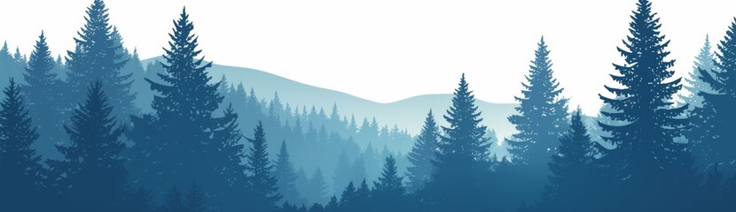 Fototapeta premium Forest Silhouette with Pine Trees and Misty Hills in Blue and Gray Shades 
