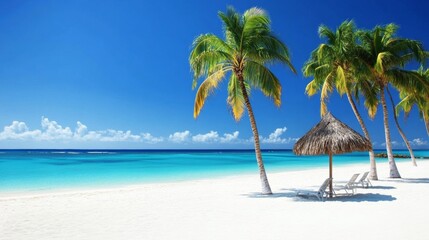 Tropical sea beach scene with clear turquoise water, white sandy shore and palm trees under a bright blue sky on a sunny day