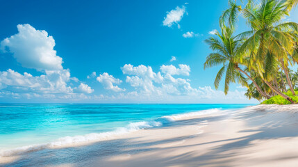 Tropical sea beach scene with clear turquoise water, white sandy shore and palm trees under a bright blue sky on a sunny day