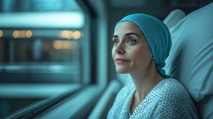 Hopeful Gaze A woman undergoing cancer treatment finds strength and solace as she looks out the hospital window, her gaze filled with resilience and hope. 