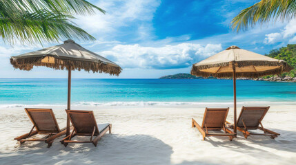 Tropical sea beach scene with clear turquoise water, white sandy shore and palm trees under a bright blue sky on a sunny day