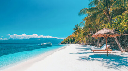 Obraz premium Tropical sea beach scene with clear turquoise water, white sandy shore and palm trees under a bright blue sky on a sunny day