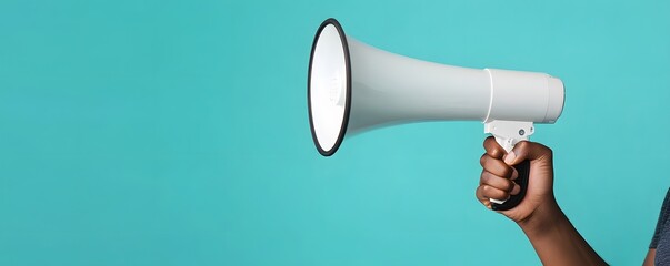 Hand Holding a White Megaphone Against a Teal Background