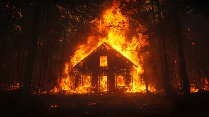 Fototapeta premium A small, isolated house engulfed in raging flames, set against the dark night sky, with the intense orange firelight casting ominous shadows on the surrounding forest