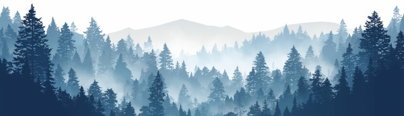 Fototapeta premium Forest Silhouette with Pine Trees and Misty Hills in Blue and Gray Shades 