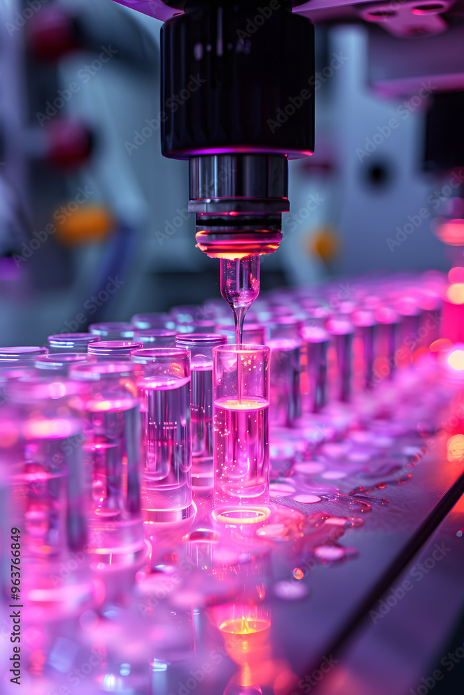 Poster a row of clear bottles with a purple tint